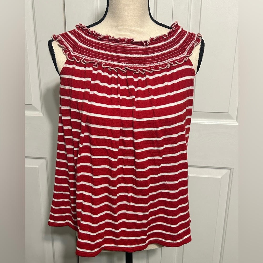 Red and White Striped Smocked Off the Shoulder Top Ruffle Nautical Summer XS